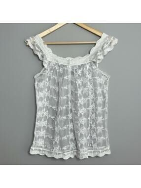 Pinky White Floral Lace Sleeveless Blouse Sheer Boho Ruffle Trim Size M
